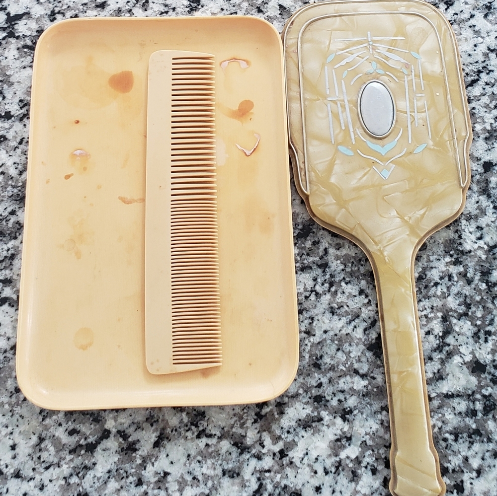 Vintage Vanity Hand Mirror Celluoid, Bakelite tray, mirror and comb